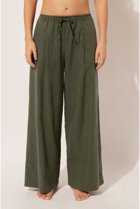 Pantalon Palazzo En Lin Et Viscose Vert