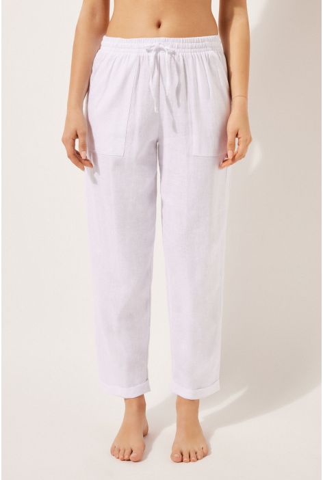 Pantalon En Lin Et Viscose Blanc