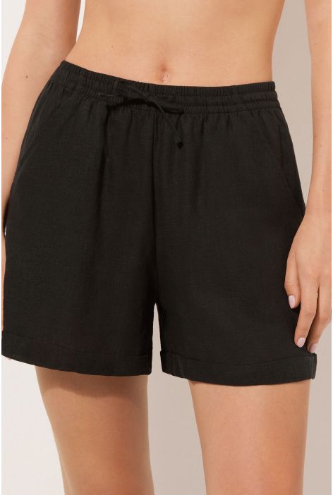 Pantacourt En Lin Et Viscose Noir