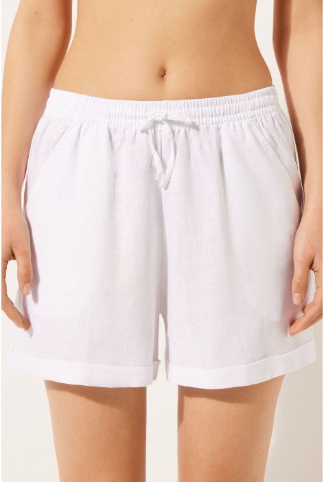 Pantacourt En Lin Et Viscose Blanc