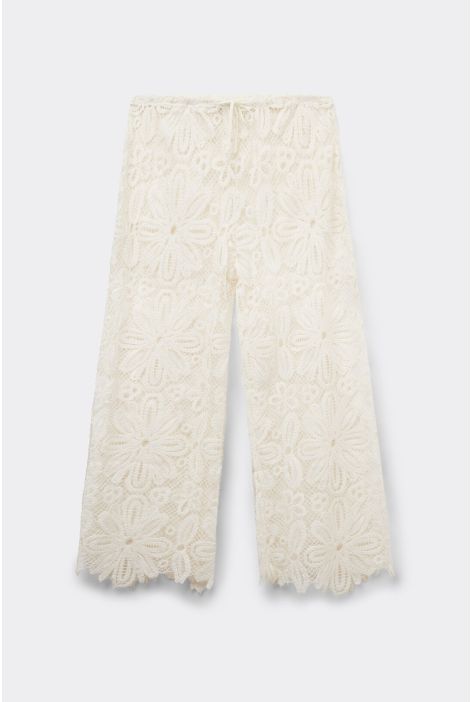 Pantalon Palazzo En Crochet Motif Fleurs Naturel