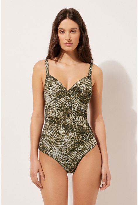 Maillot Une Pièce Gainant Tropical Animalier Vert