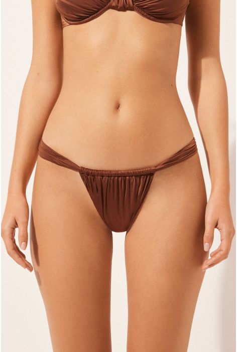 Bas De Maillot Brésilien Avec Liens Fins Shiny Satin Marron