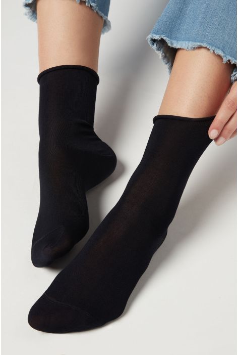 Chaussettes Courtes À Bords Francs En Fil D'écosse Bleu