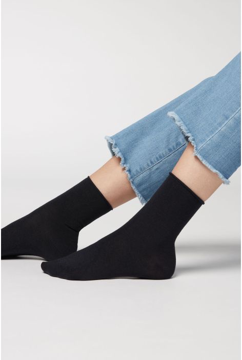 Chaussettes Courtes À Bords Francs En Laine Et Coton Bleu