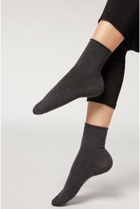Chaussettes Courtes À Bords Francs En Laine Et Coton Gris