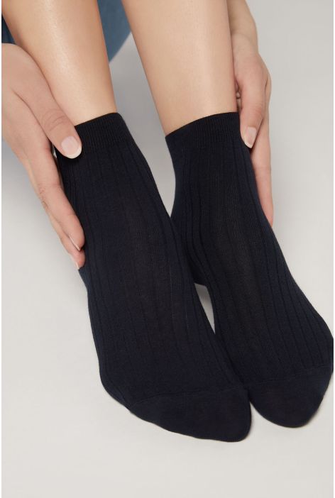 Chaussettes Courtes Côtelées En Coton Et Cachemire Bleu