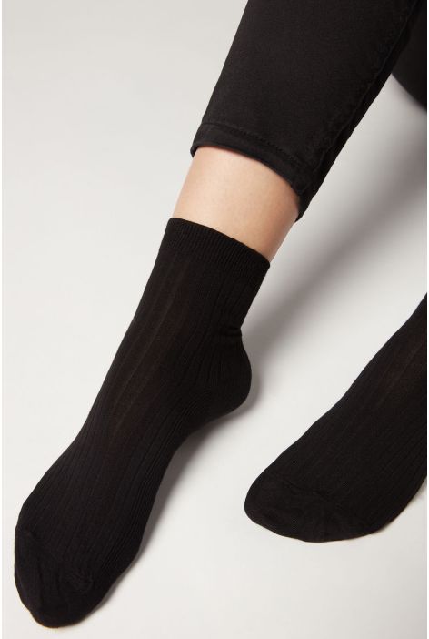 Chaussettes Courtes Côtelées En Coton Et Cachemire Noir
