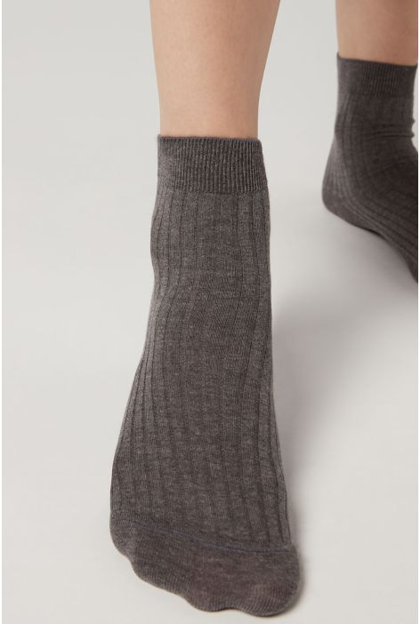 Chaussettes Courtes Côtelées En Coton Et Cachemire Gris