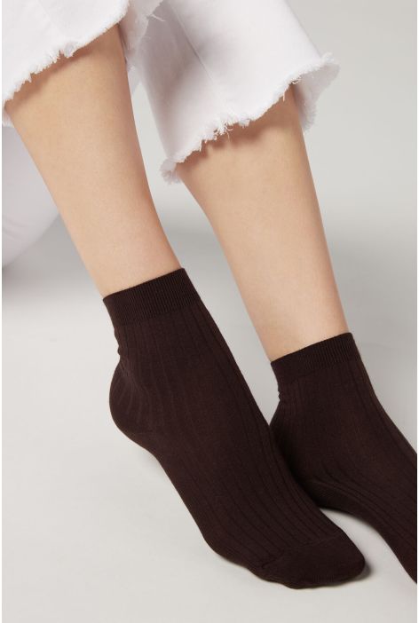 Chaussettes Courtes Côtelées En Coton Et Cachemire Marron