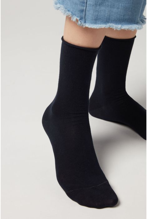 Chaussettes Courtes À Bords Francs En Coton Bleu