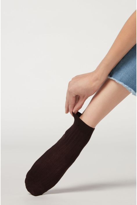 Chaussettes Courtes Côtelées En Coton Et Cachemire Marron