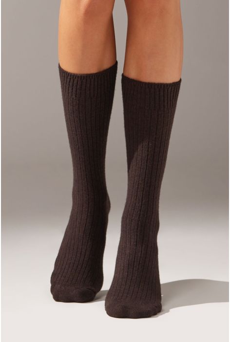 Chaussettes Courtes Côtelées En Laine Et Cachemire Marron