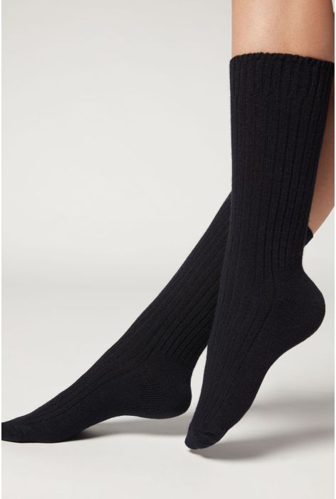 Chaussettes Courtes Côtelées En Laine Et Cachemire Bleu