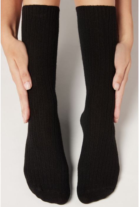 Chaussettes Courtes Côtelées En Laine Et Cachemire Noir