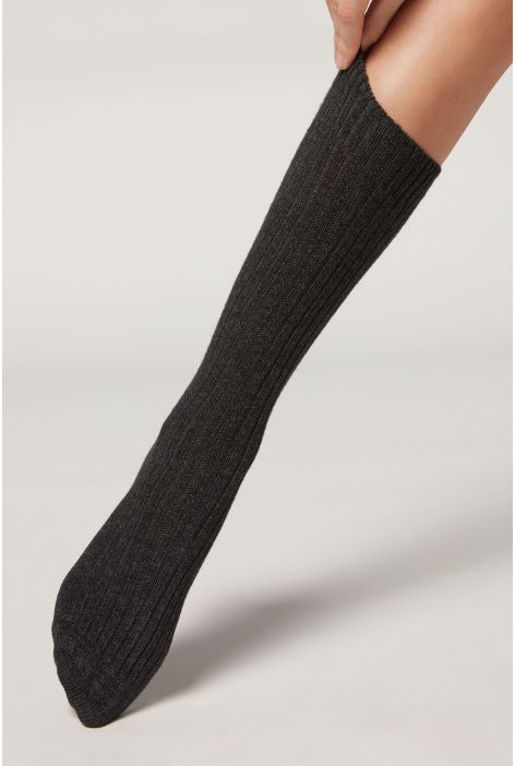 Chaussettes Courtes Côtelées En Laine Et Cachemire Gris