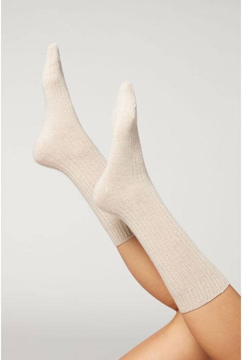 Chaussettes Courtes Côtelées En Laine Et Cachemire Gris