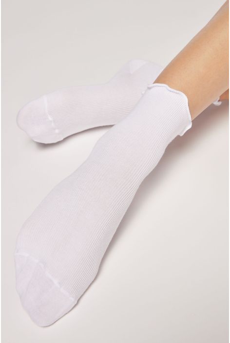 Chaussettes Courtes Côtelées Avec Bordure Romantique Blanc