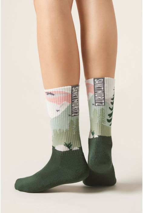 Chaussettes En Cachemire À Motif Montagnes Vert