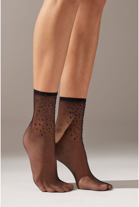 Chaussettes Courtes Voile À Strass Noir