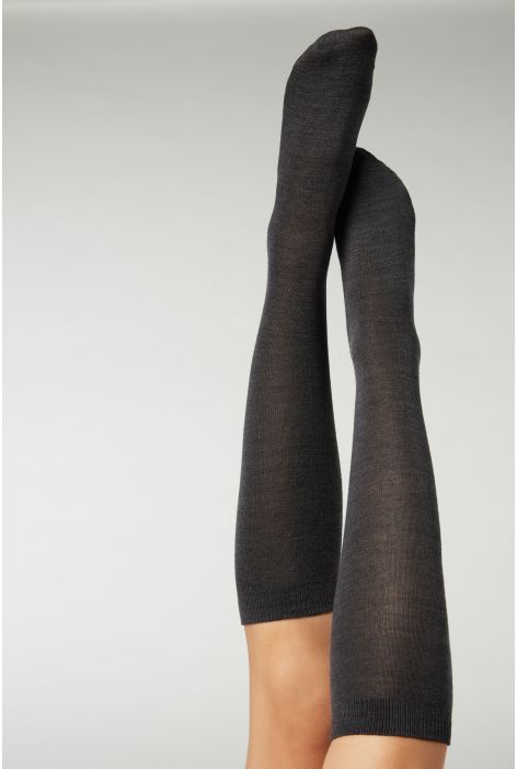 Chaussettes Longues En Laine Et Coton Gris