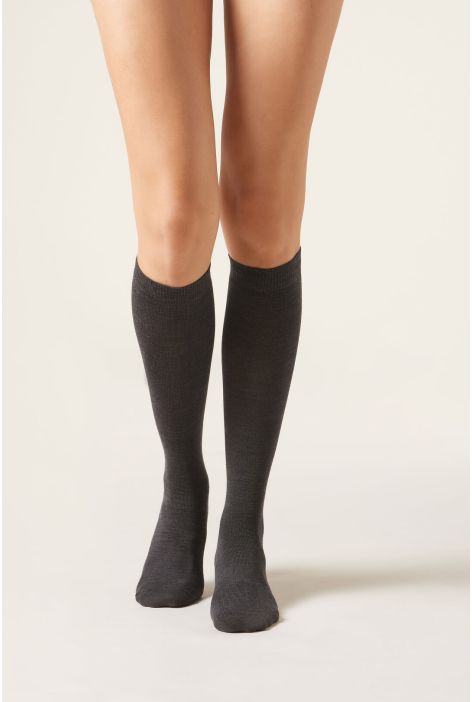 Chaussettes Longues En Laine Et Coton Gris