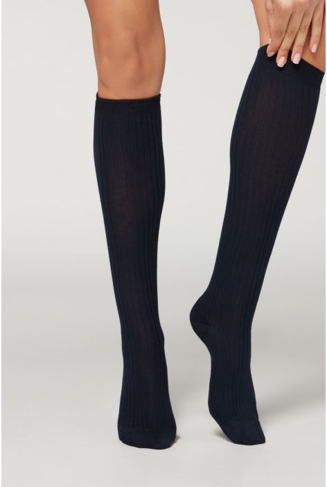 Chaussettes Longues En Cachemire Côtelées Bleu