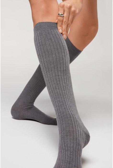 Chaussettes Longues En Cachemire Côtelées Gris