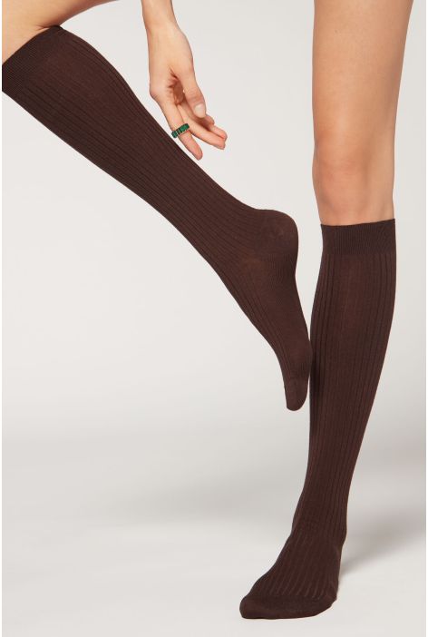 Chaussettes Longues En Cachemire Côtelées Marron