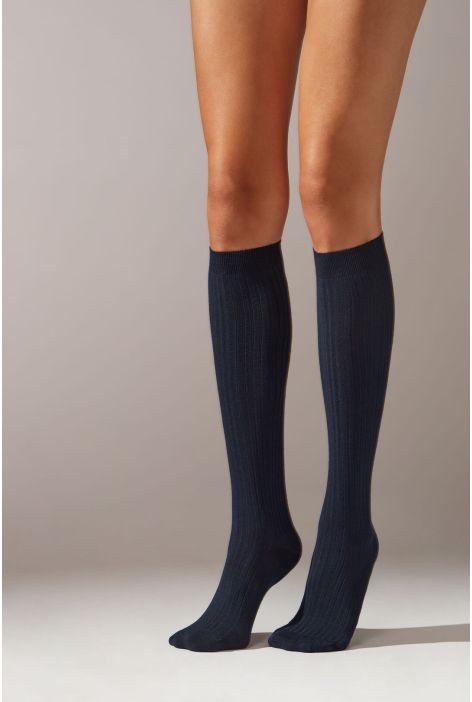 Chaussettes Longues En Cachemire Côtelées Bleu