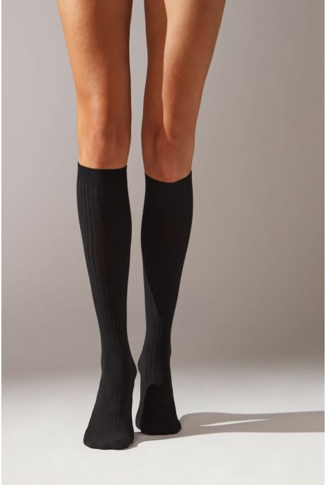 Chaussettes Longues En Cachemire Côtelées Noir
