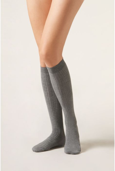 Chaussettes Longues En Cachemire Côtelées Gris