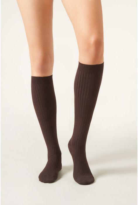 Chaussettes Longues En Cachemire Côtelées Marron