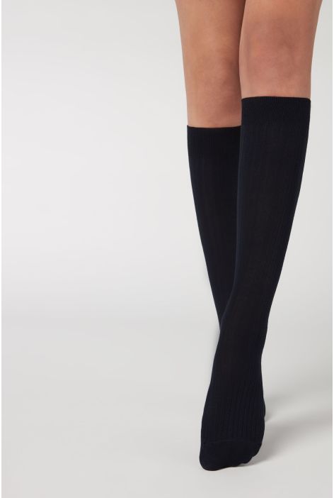 Chaussettes Longues Côtelées Avec Cachemire Bleu