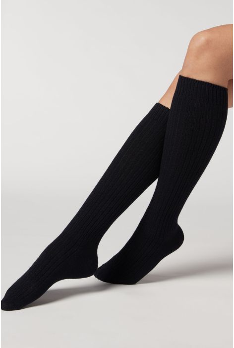 Chaussettes Hautes Côtelées Avec Laine Et Cachemire Bleu