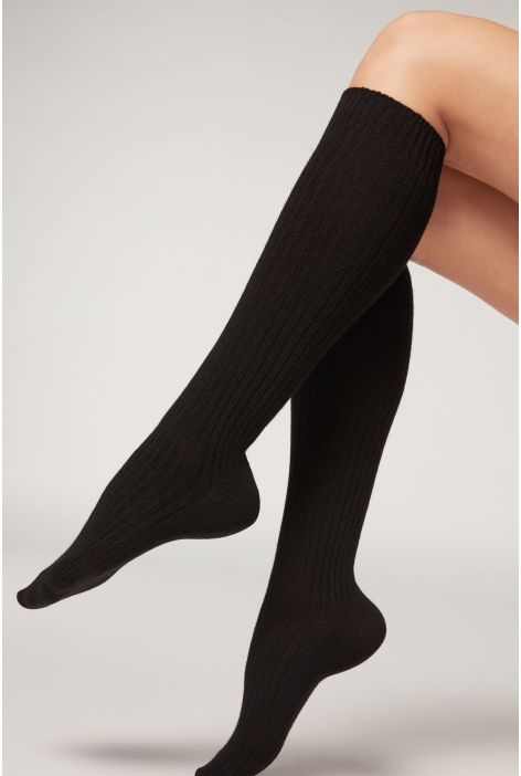 Chaussettes Hautes Côtelées Avec Laine Et Cachemire Noir