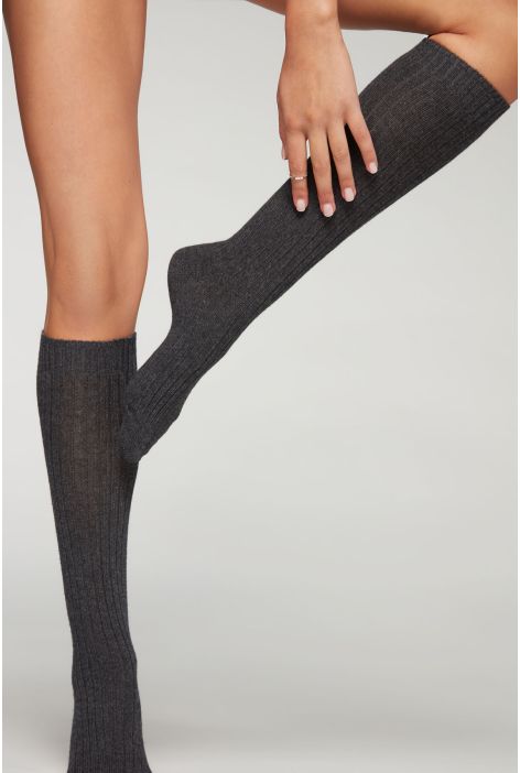 Chaussettes Hautes Côtelées Avec Laine Et Cachemire Gris