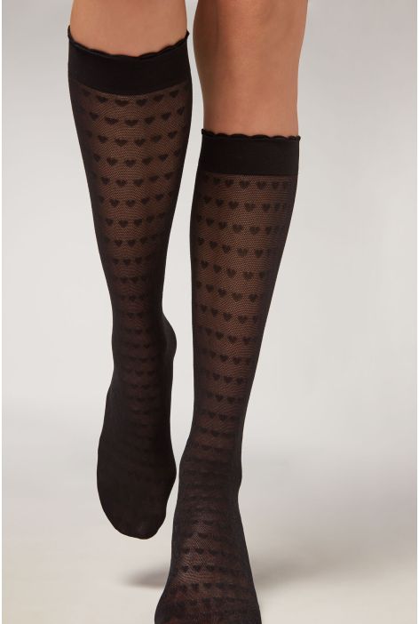 Bas En Résille À Motifs De Cœurs Noir