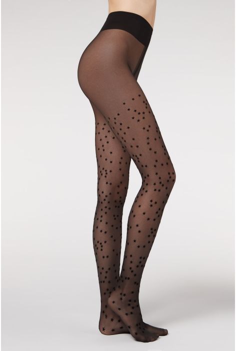 Collant Voile 30 Deniers Étoiles Floquées Noir