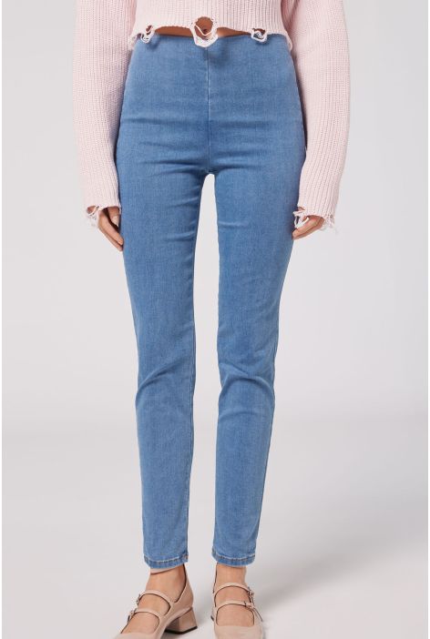 Leggings En Denim Skinny Taille Haute Bleu Ciel