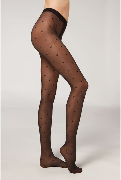 Collant Transparent 30 Deniers Petits Cœurs Noir
