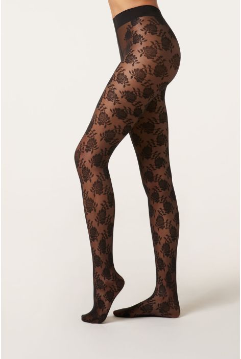 Collant 40 Deniers En Tulle Avec Roses Noir