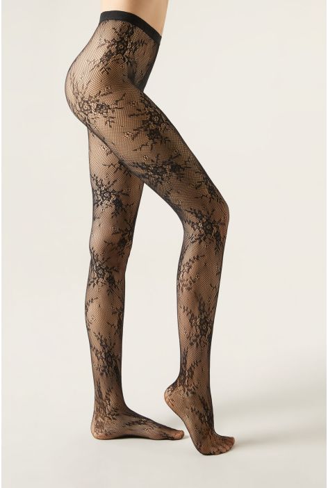 Collant En Résille Fleurie Noir