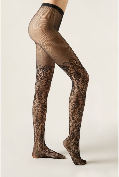 Collant Effet Mi-bas À Fleurs Noir