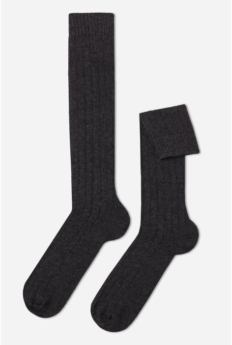 Chaussettes Longues Côtelées Avec Laine Et Cachemire Pour Homme Gris
