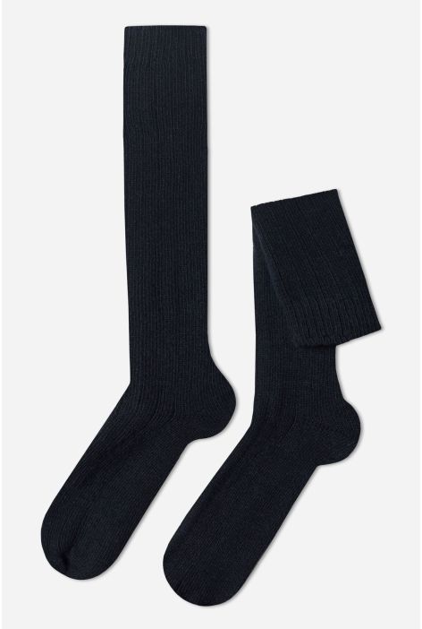 Chaussettes Longues Côtelées Avec Laine Et Cachemire Pour Homme Bleu
