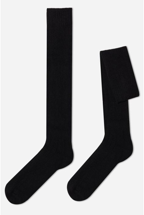 Chaussettes Longues Côtelées Avec Laine Et Cachemire Pour Homme Noir
