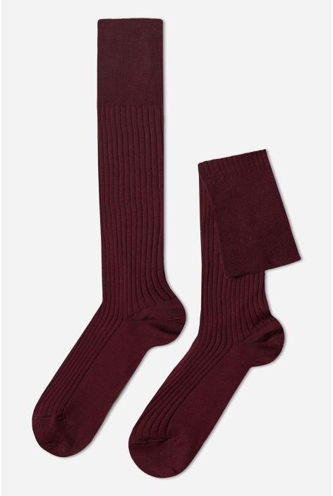 Chaussettes Longues Côtelées Pour Homme Avec Fil D’écosse Bordeaux