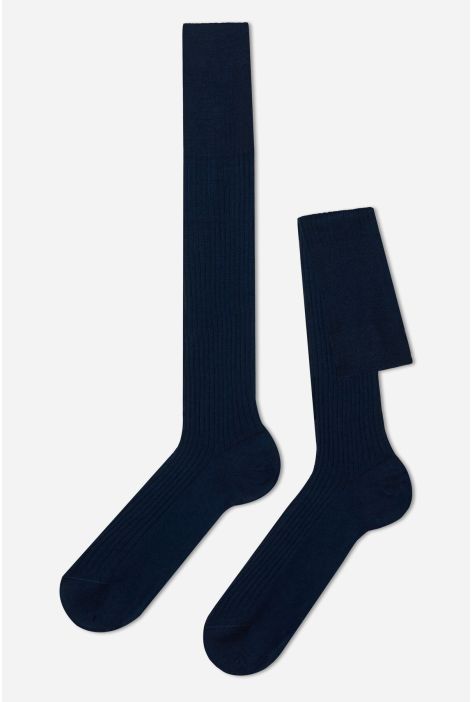 Chaussettes Longues Côtelées Pour Homme Avec Fil D’écosse Bleu